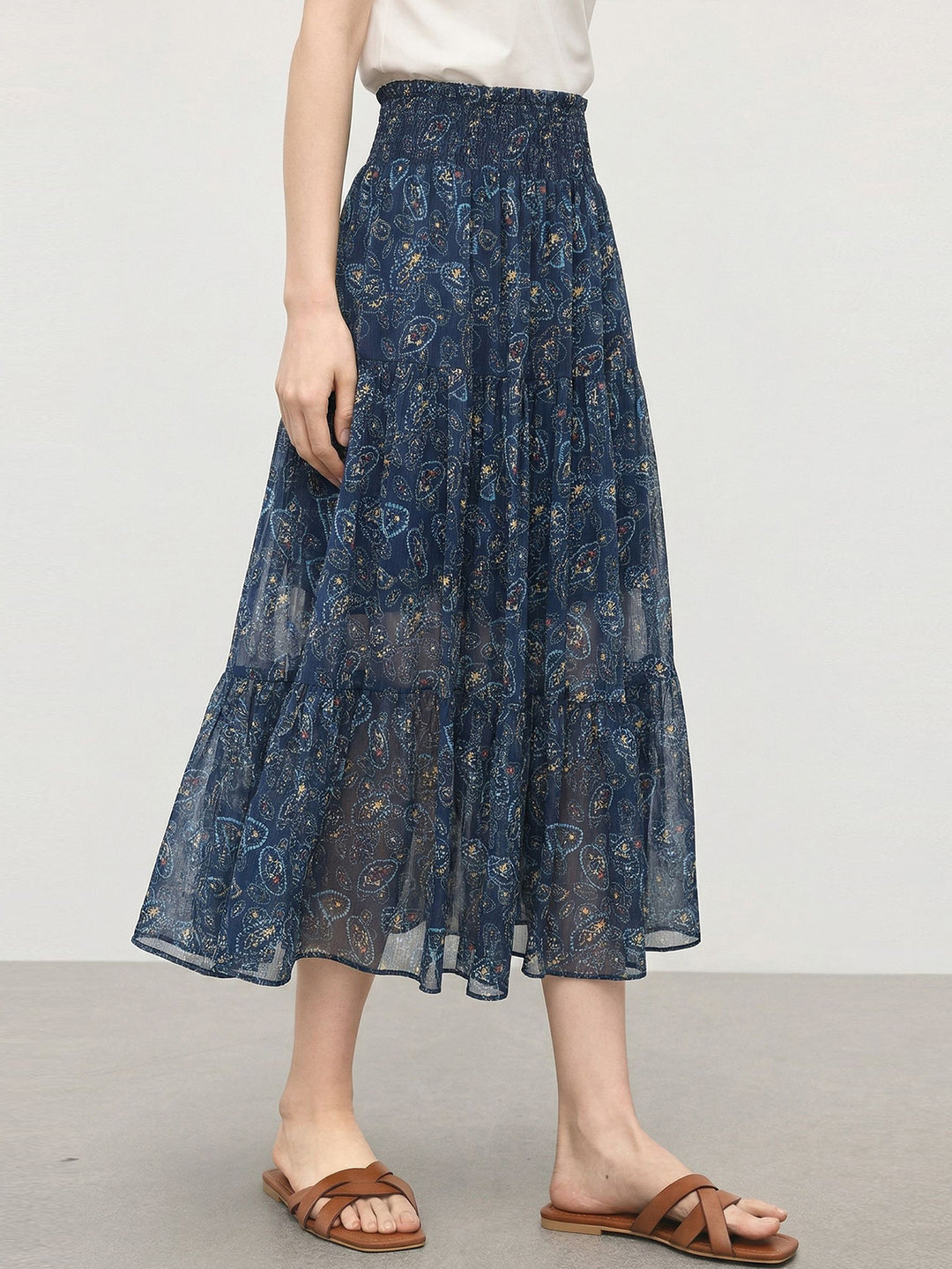 Ethnic Style Summer Outfit Floral Midi Skirt with Elastic Waist