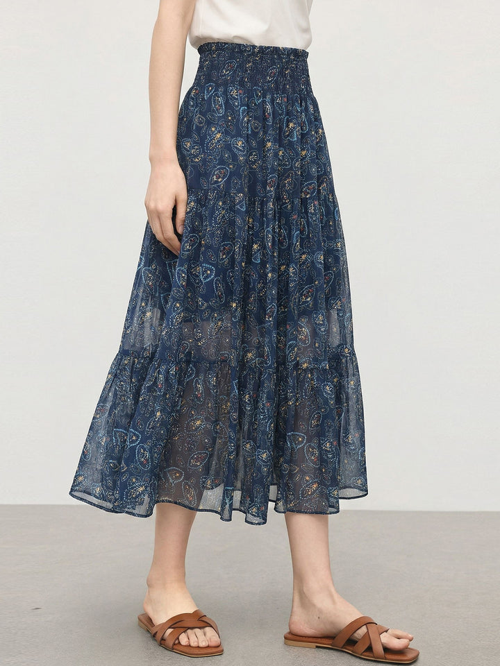 Ethnic Style Summer Outfit Floral Midi Skirt with Elastic Waist