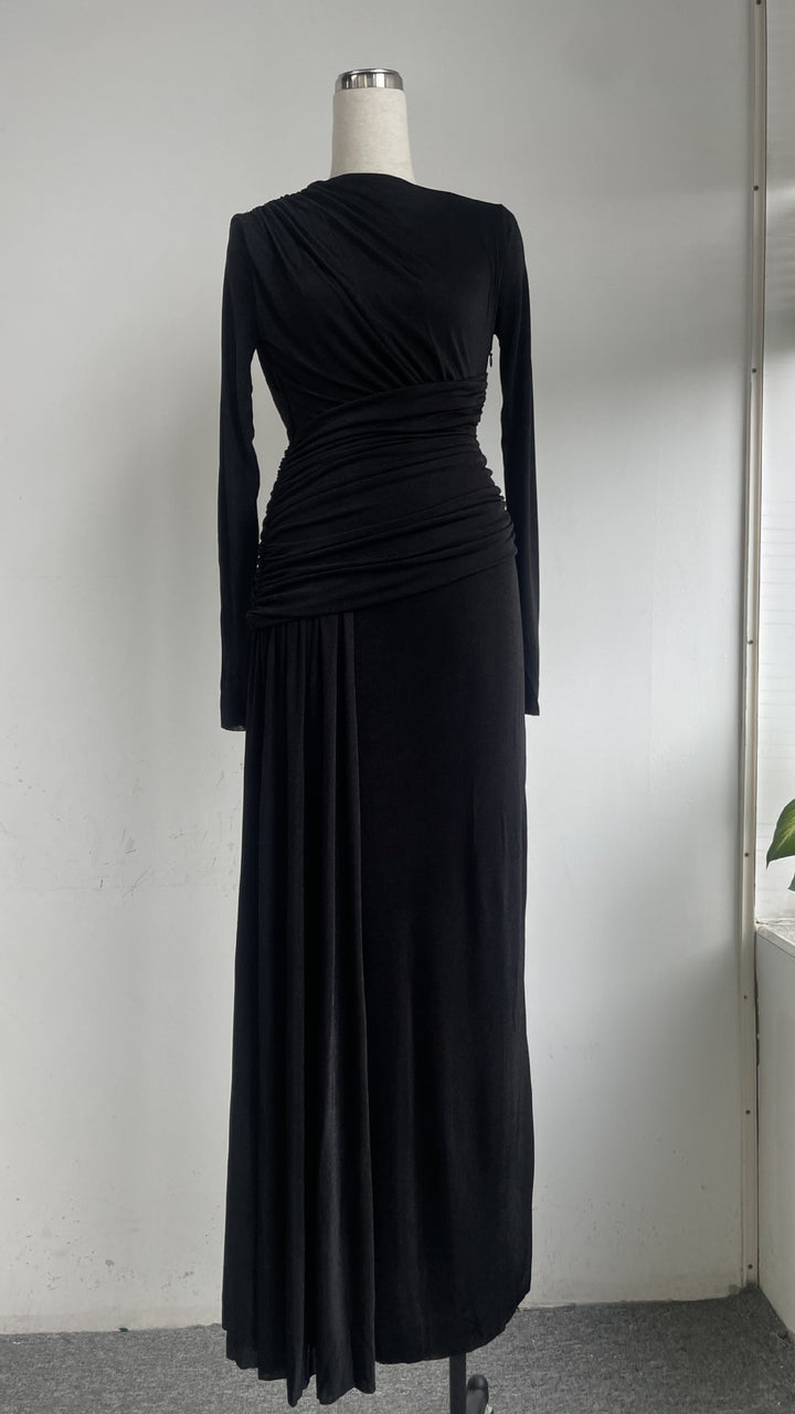 Elegant Knit Long Sleeve Ribbon Dress with Asymmetrical Neckline, Elastic Pleated Floor-Length Skirt
