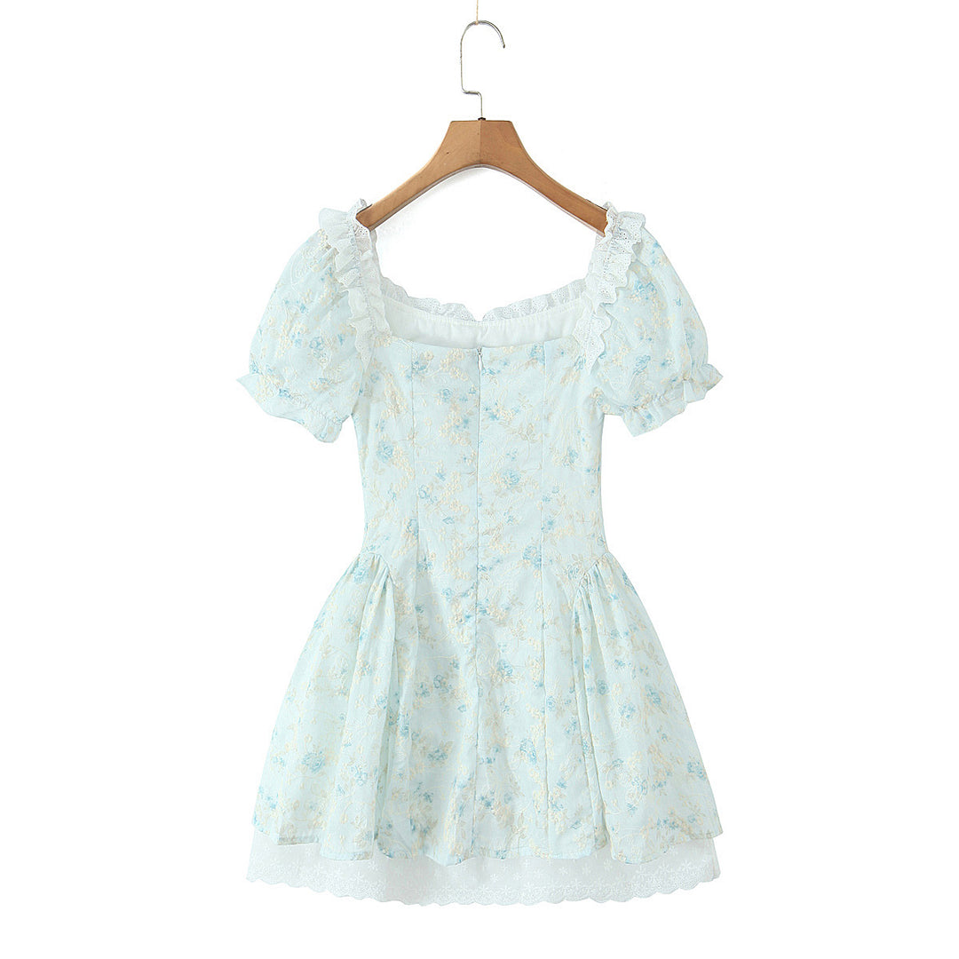 Lace hook flower embroidery printed waist cinching dress