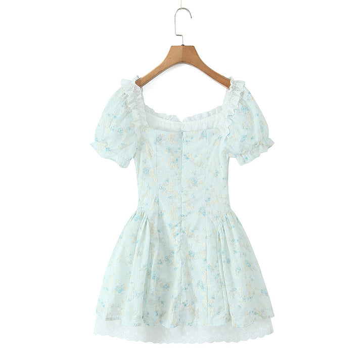 Lace hook flower embroidery printed waist cinching dress