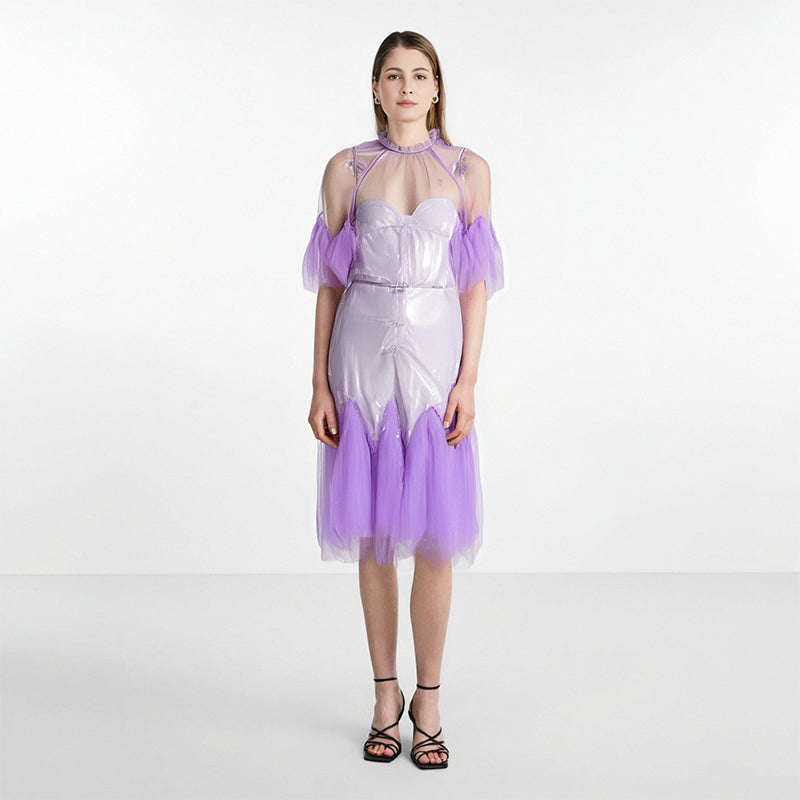 Lace collar loose petal short sleeved mesh dress, women&