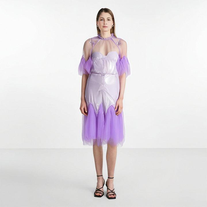 Lace collar loose petal short sleeved mesh dress, women&