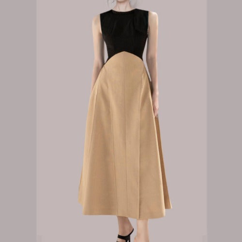Hit Color Summer Dresses For Women Round Neck Sleevless High Waist Folds Slim Pullover Dress