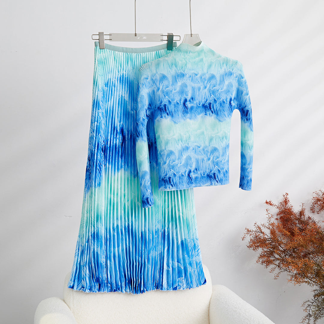 Printed Wave Pleated 2 Pieces Set Women&