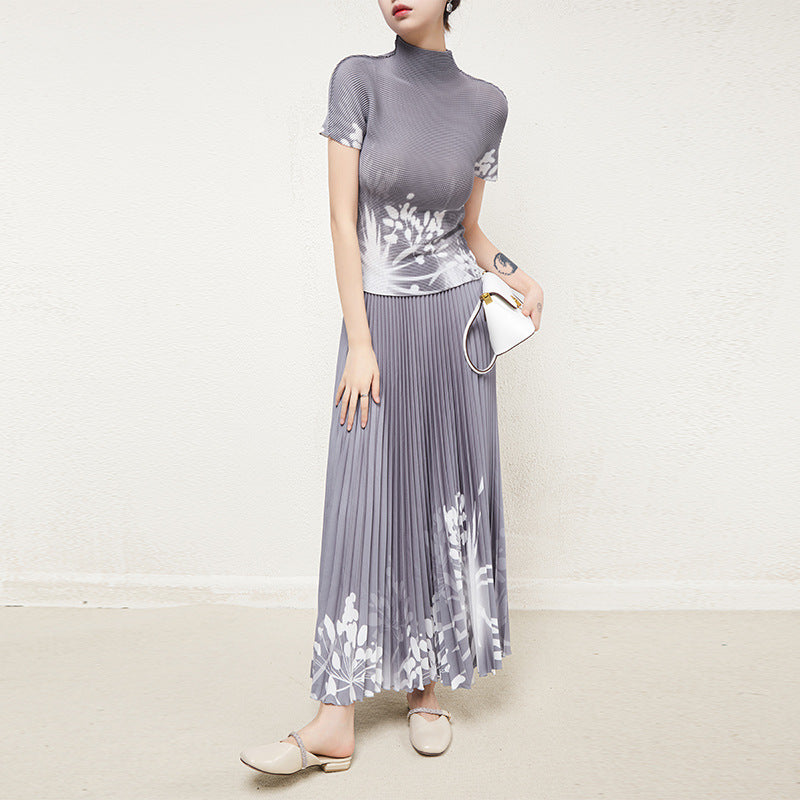 New Pleated d Skirt Fashion Two-Piece SetTop Printe