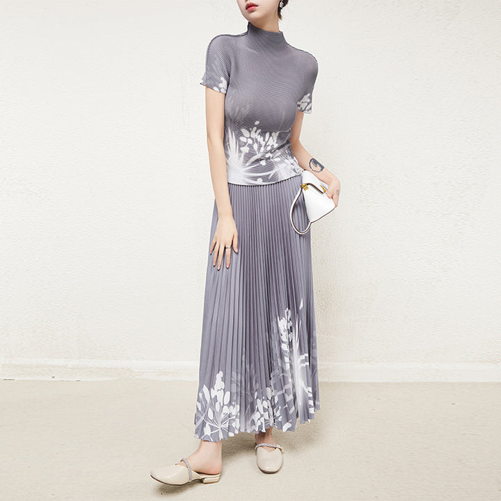 New Pleated d Skirt Fashion Two-Piece SetTop Printe