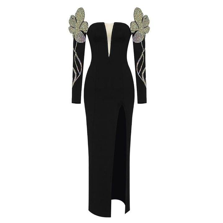 Trendy Beads Appliques Design Bandage Long Dress Women Sexy Off Shoulder Celebrity Party Club Dress