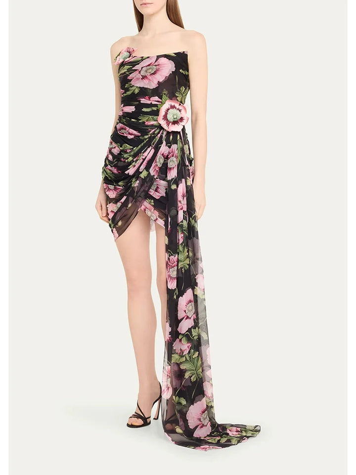 Printed three-dimensional embroidered strapless dress with mesh