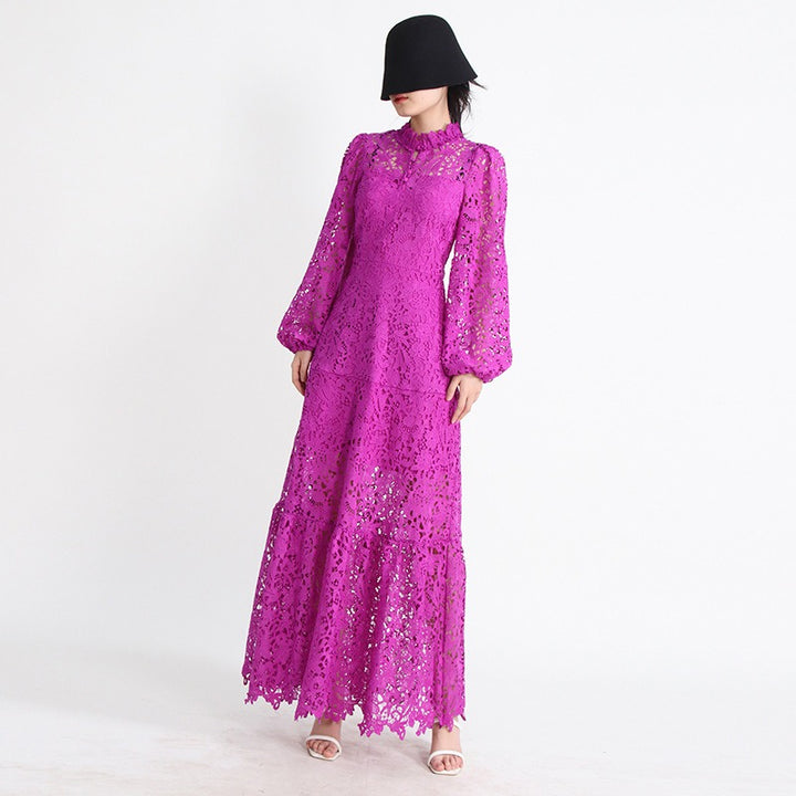 Fashionable lace hollowed out heavy-duty embroidered stand up collar bubble sleeve dress