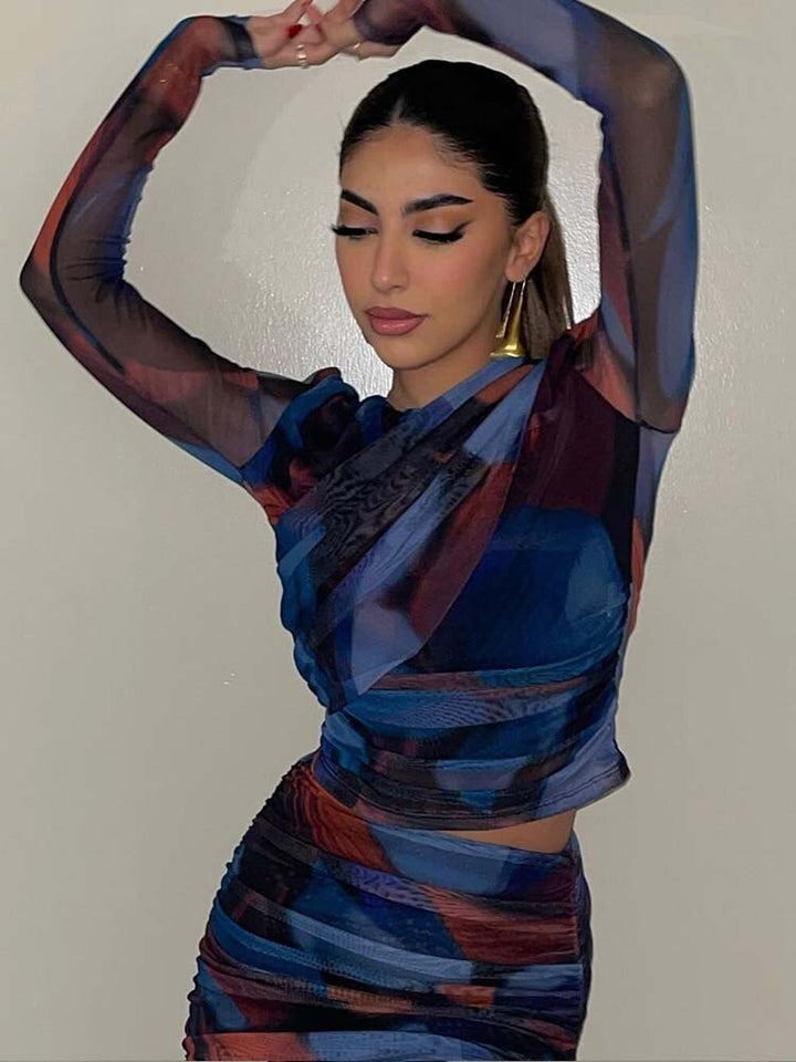 Women 2 Pieces Sets Fashion Silk Net Print Blouse Tops + High Waist Pleat Midi Skirt Set Womens Outfits