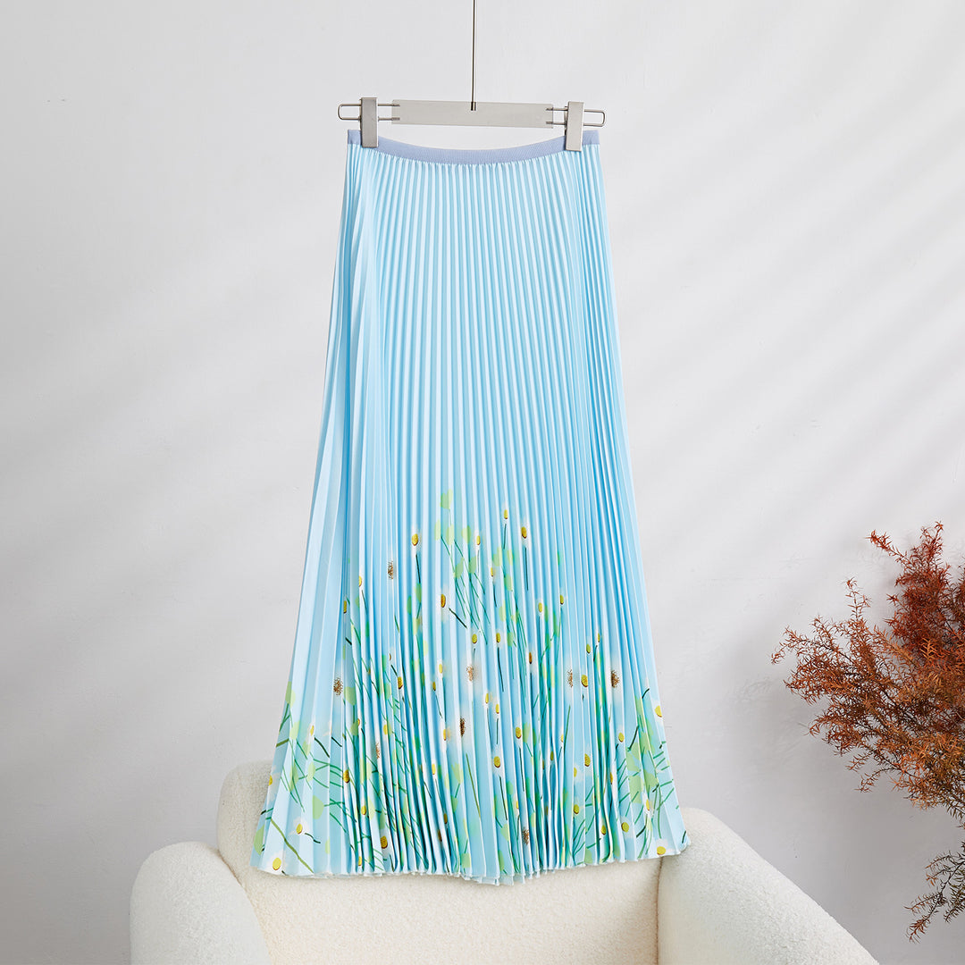 Printed Flower Pleated 2 Pieces Set Designer Long Sleeves Thin Tops High Waist Fold Skirts Female Clothing