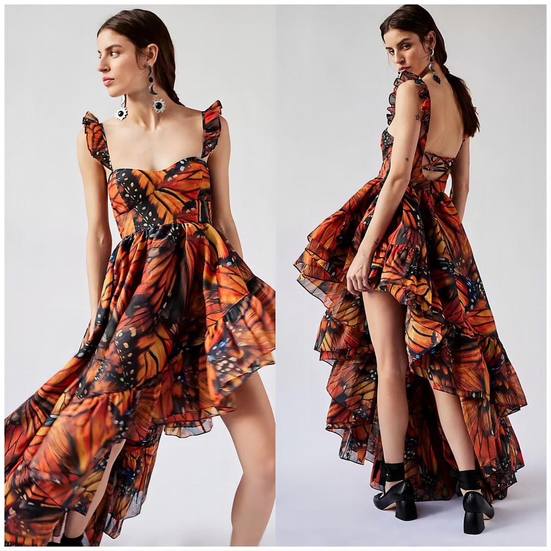Chiffon Mid-Length Dress with Digital Butterfly PrintFashion Style Strapless, A-Line Silhouette, Casual Dress
