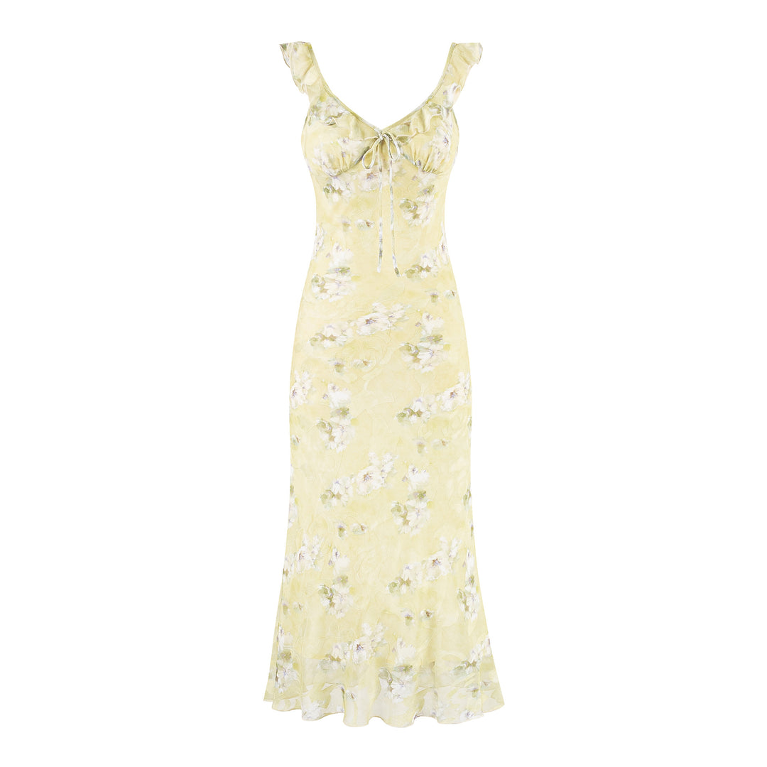 V-neck ruffled chest strap small fresh floral dress