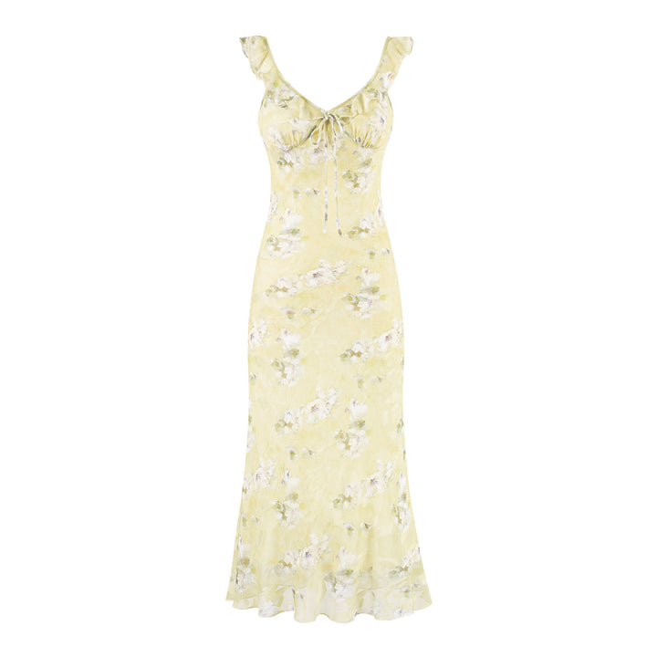 V-neck ruffled chest strap small fresh floral dress