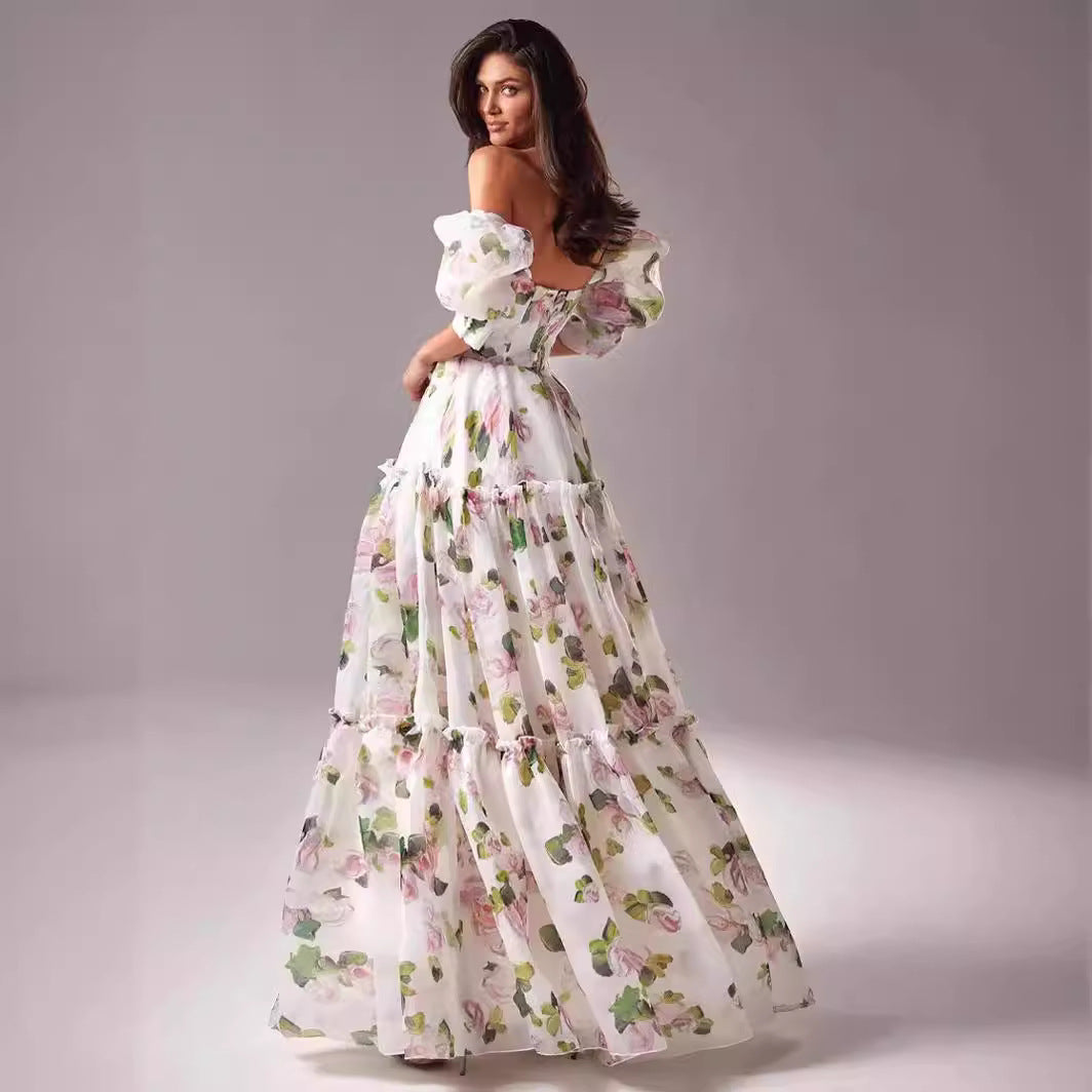 Shoulder-baring Elegant Organza Long Formal Evening Dress for Women Fashionable and Chic Spring/Summer Style