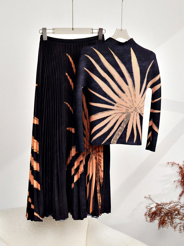 Print Pleated Two Pieces Set For Women Mock Neck Long Sleeve Top Loose Casual Skrit