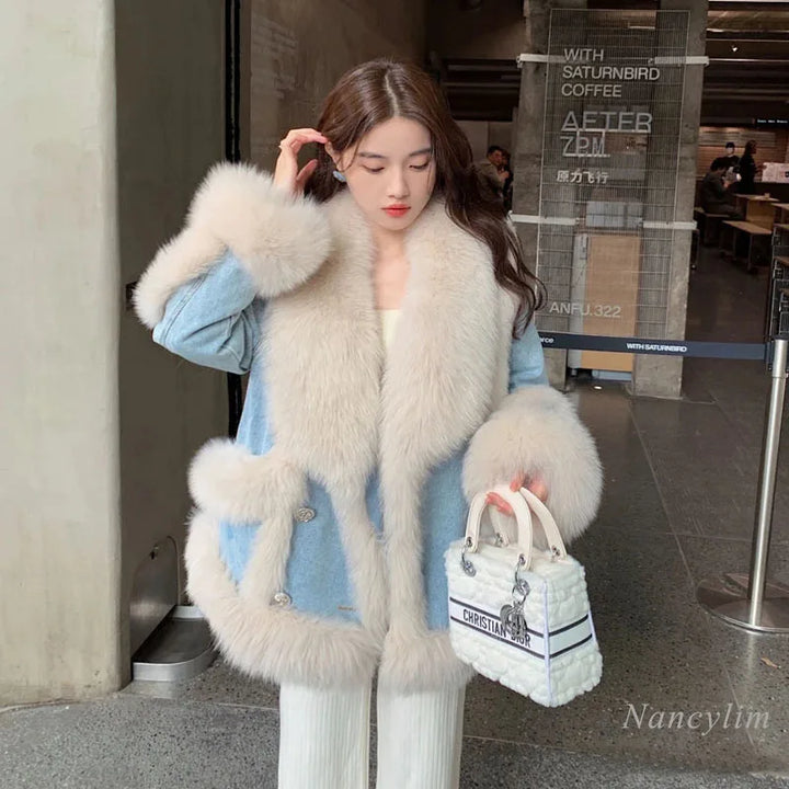 Denim Fur Splicing Coat Women&