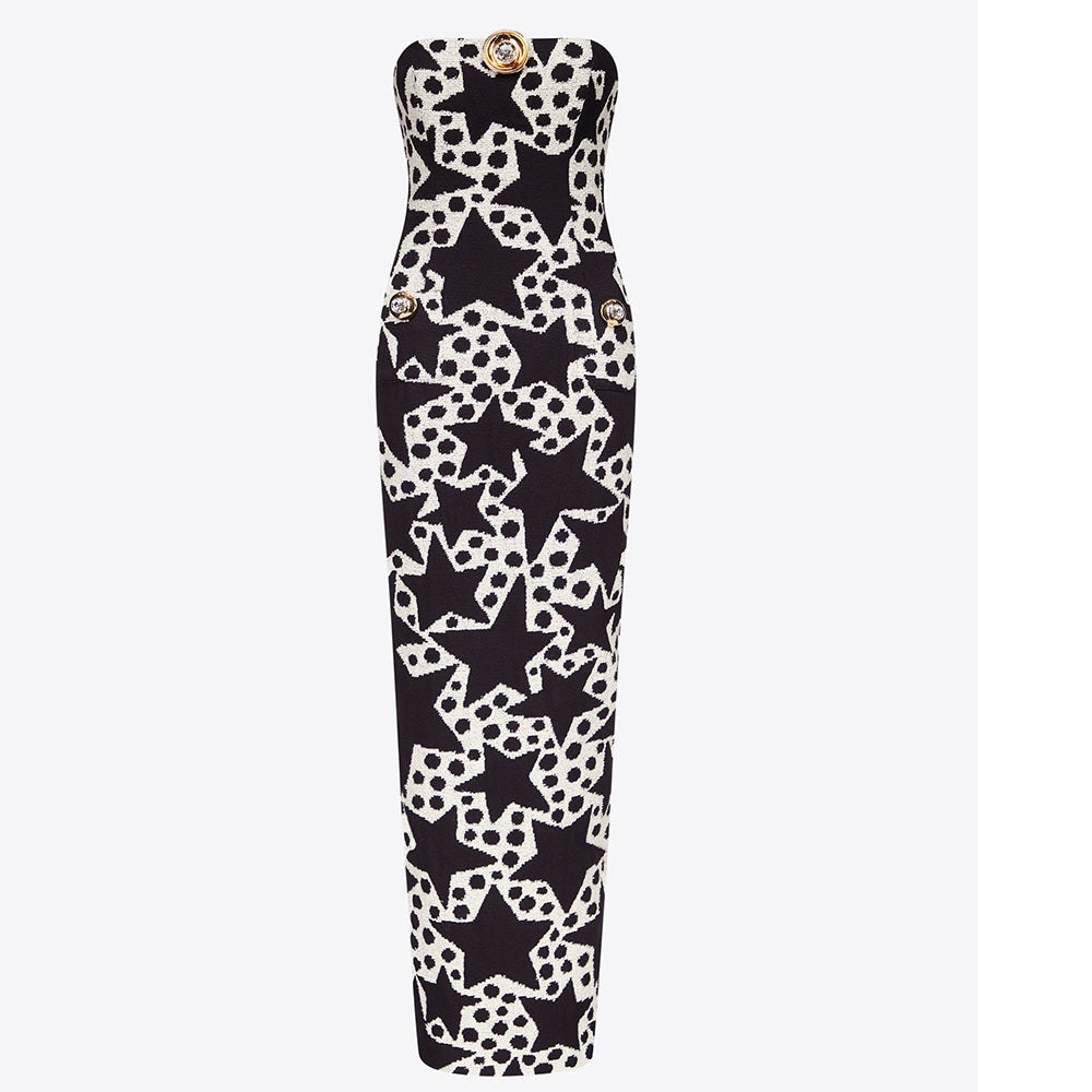 Off the shoulder split five pointed star print slim fitting temperament, socialite sexy dress dress dress