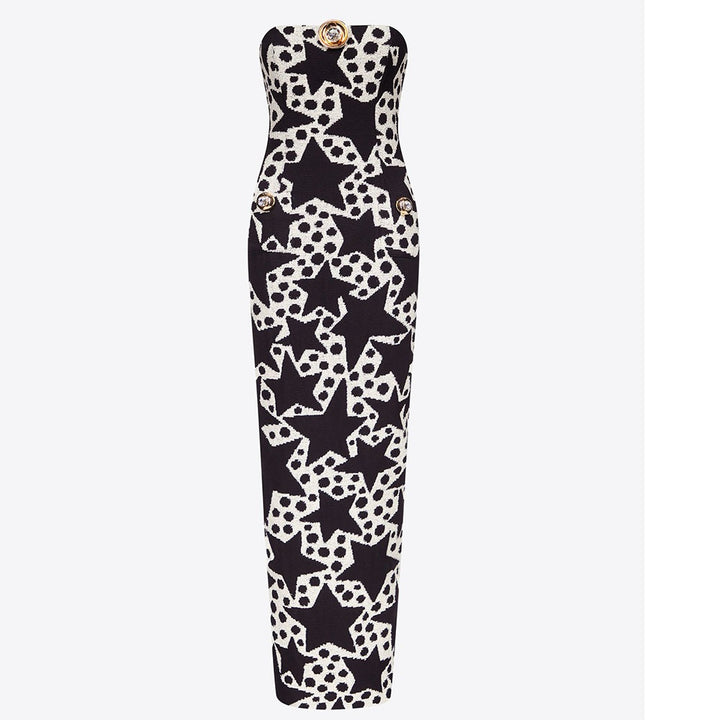 Off the shoulder split five pointed star print slim fitting temperament, socialite sexy dress dress dress
