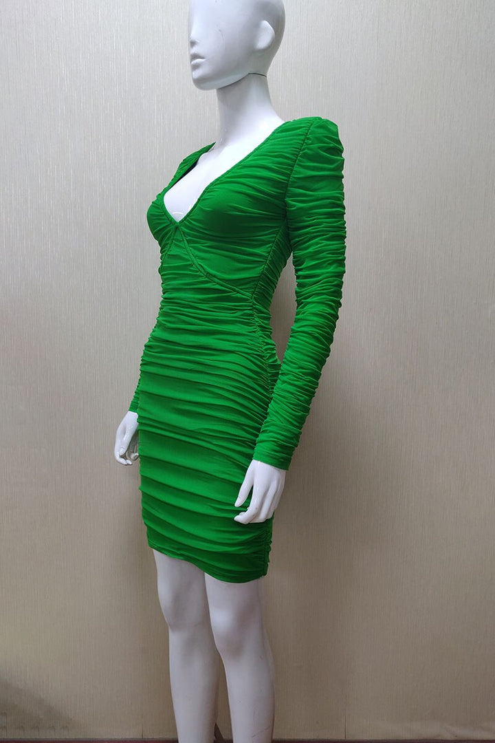 Summer New Mesh Pleated Long Sleeve Collar Sexy Slim Bandage Dress Evening Dress