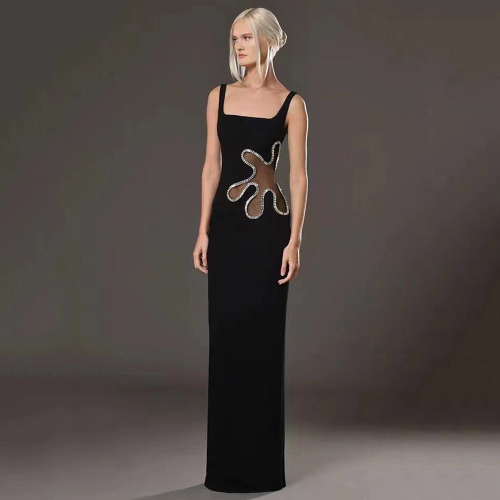 Black mesh diamond long sleeveless square neck high-end dress knitted bandage women&