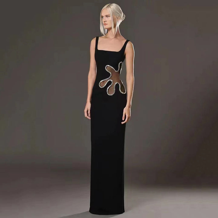 Black mesh diamond long sleeveless square neck high-end dress knitted bandage women&