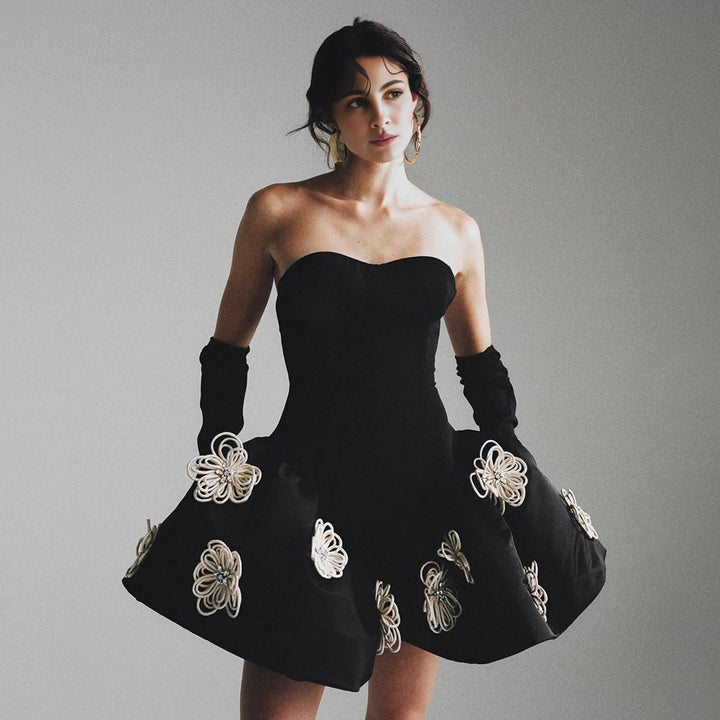 Black Color Women Sexy Strapless Florals Ball Grown Mini Bandage Dress Fashion Birthday Party Celebrate Cocktail Dress Wholesale