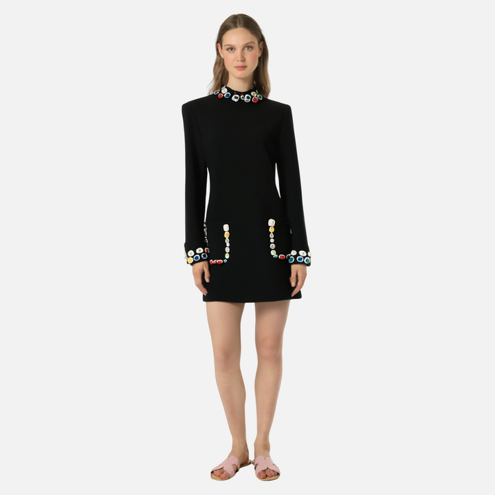 Fashion heavy industry nail bead inlaid diamond colored gemstone long sleeved dress