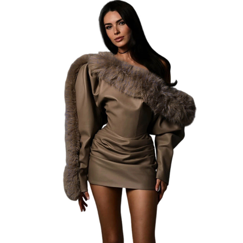 Style Fashion Chic Street Trend Leather Fur Collar Patchwork Asymmetrical Neckline Dress