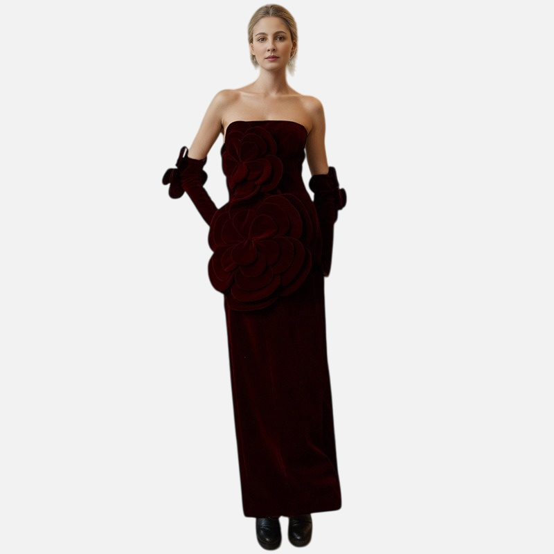European and American socialite style slim fit and slimming strapless skirt temperament floral long dress for women