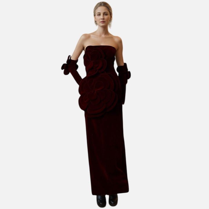 European and American socialite style slim fit and slimming strapless skirt temperament floral long dress for women