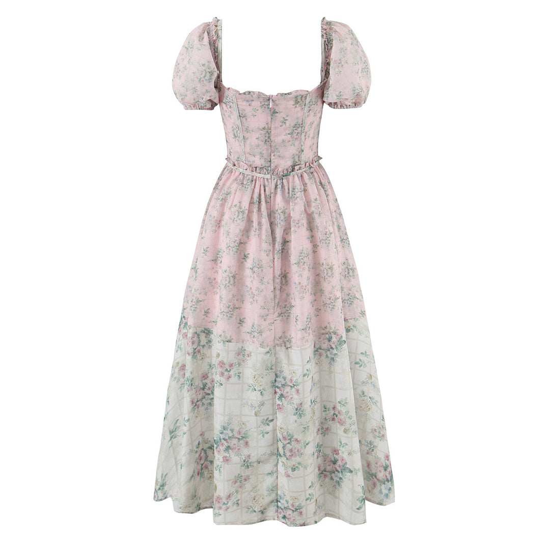 Splicing floral bubble sleeves mid length dress