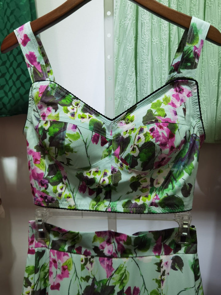 Spring And Summer Quality New Ladies Temperament Mid-Length Cotton Green Skirt Suit Tube Top + High Waist Printed Long Skirt