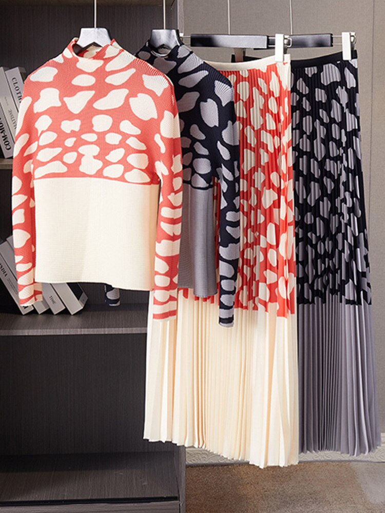 2 Pieces Set For Women Color Block T Shirt Long Sleeve A-line Elastic Waist Skirts Elegant Cloth Fashion Spring