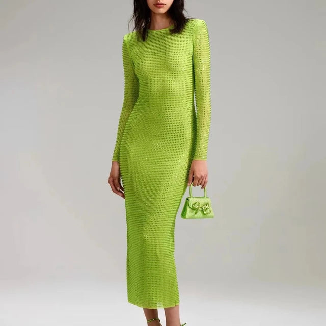 Green Sequined Beaded Party Dress Women Blingbling Bodycon Long Sleeve Long Dress