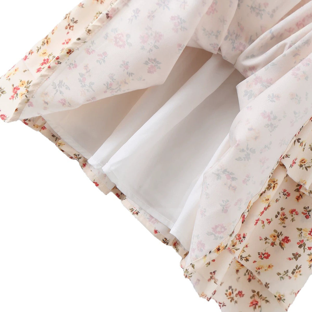 Pink Floral Strap Dress for Women, Tea-Length Mini Skirt, Fitted Waist Cake Style Dress