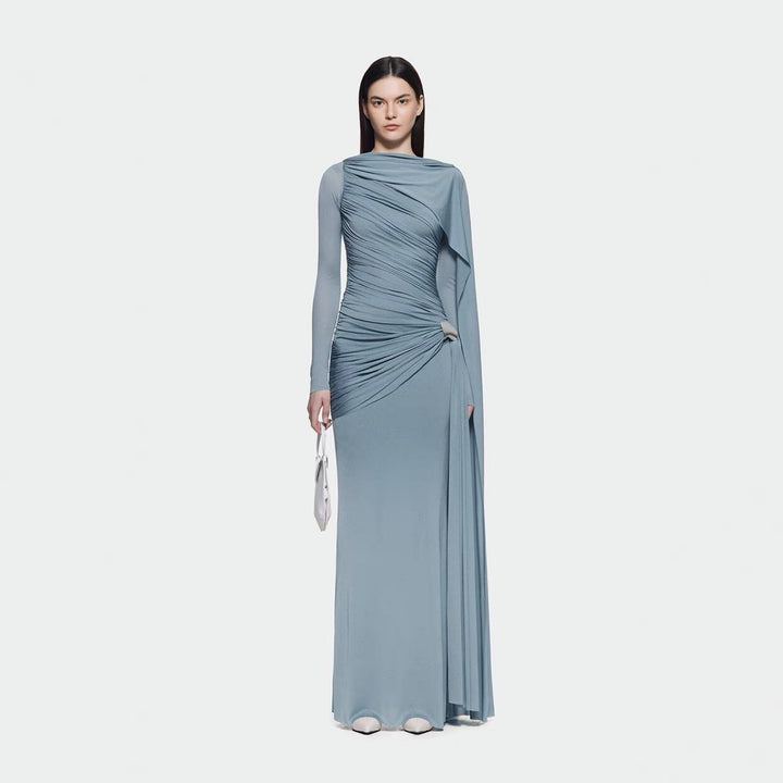 Solid color pleated asymmetrical minimalist slim fit dress