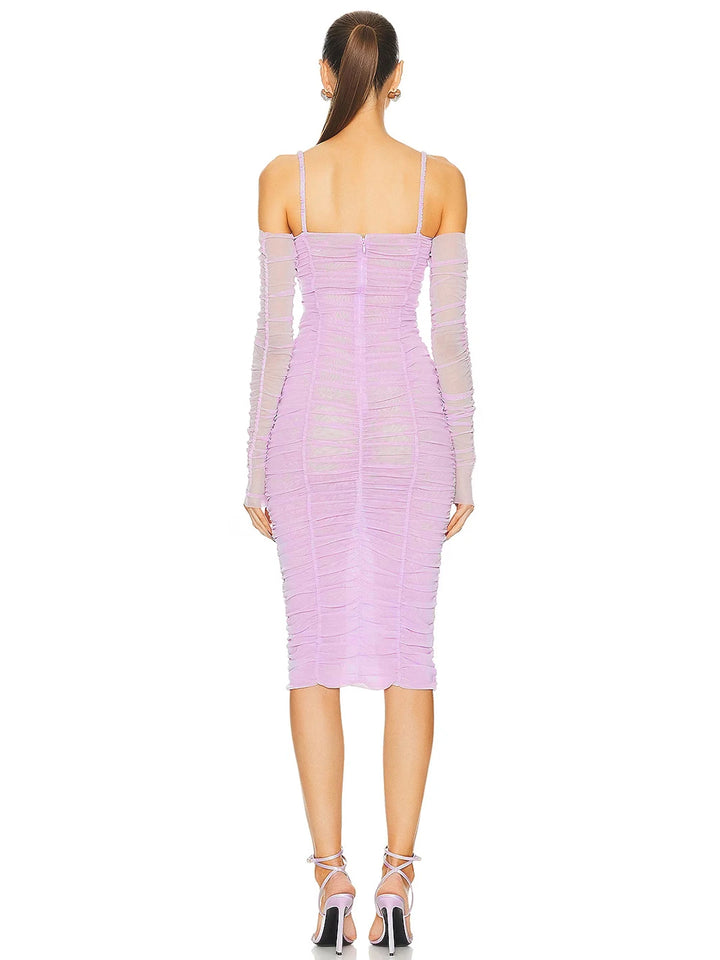 Purple long sleeved dress slim fit one line collar women&