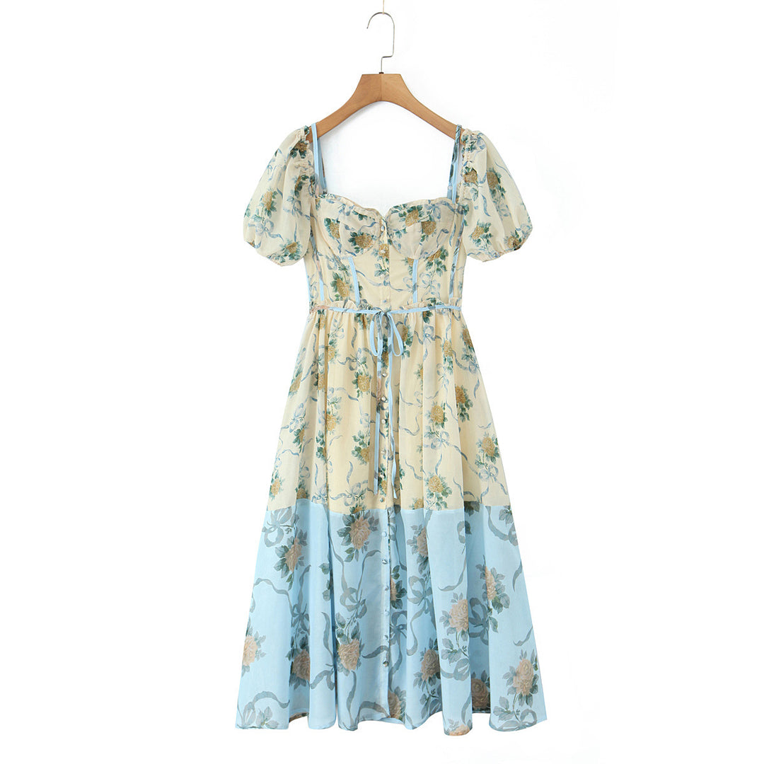 Bohemian style patchwork floral bubble sleeve mid length dress