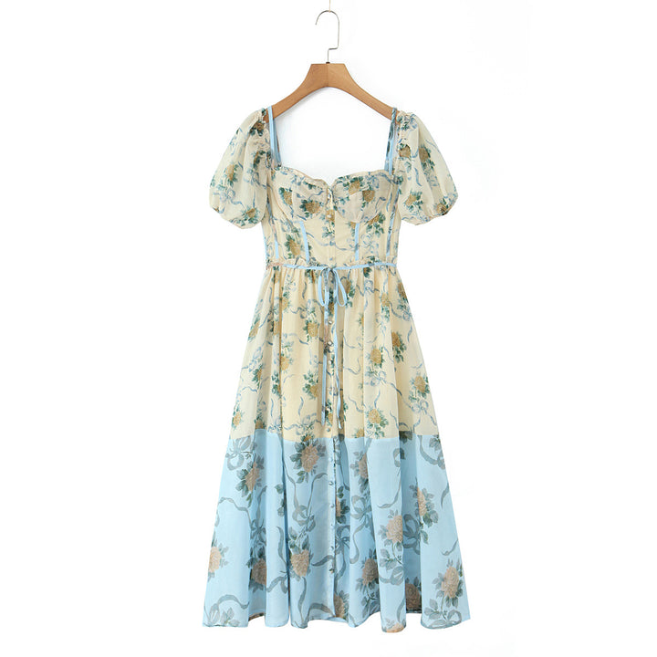 Bohemian style patchwork floral bubble sleeve mid length dress