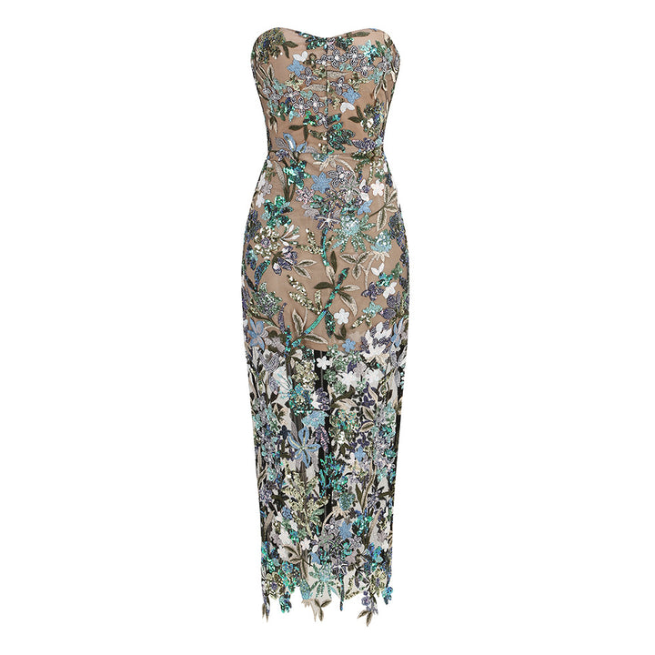 Fashionable blue sexy tube top slim fit embroidered tight sleeveless long hip-hugging dress