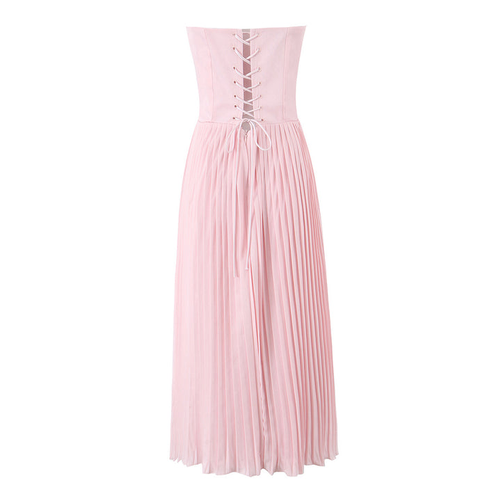 Pink pleated waistband mid length dress