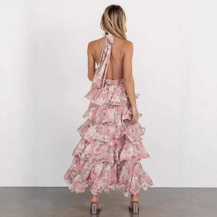 Fashionable Sexy V-Neck Strap Multi-Layer Printed Dress for Women