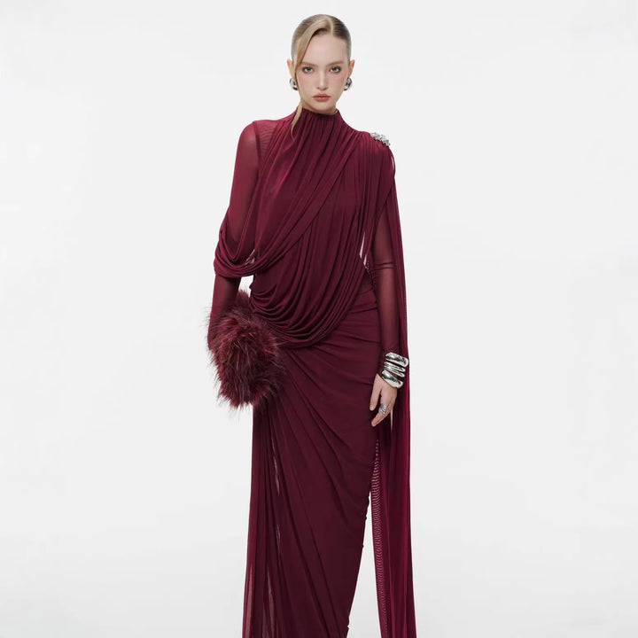 Red high neck pleated metal decorative cape dress