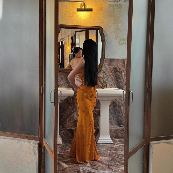 Elegant Fishbone Mesh Strapless Fitted Waist Long Dress for Women