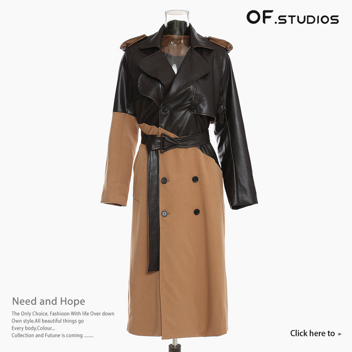 Spliced Leather Trench Coat Women&