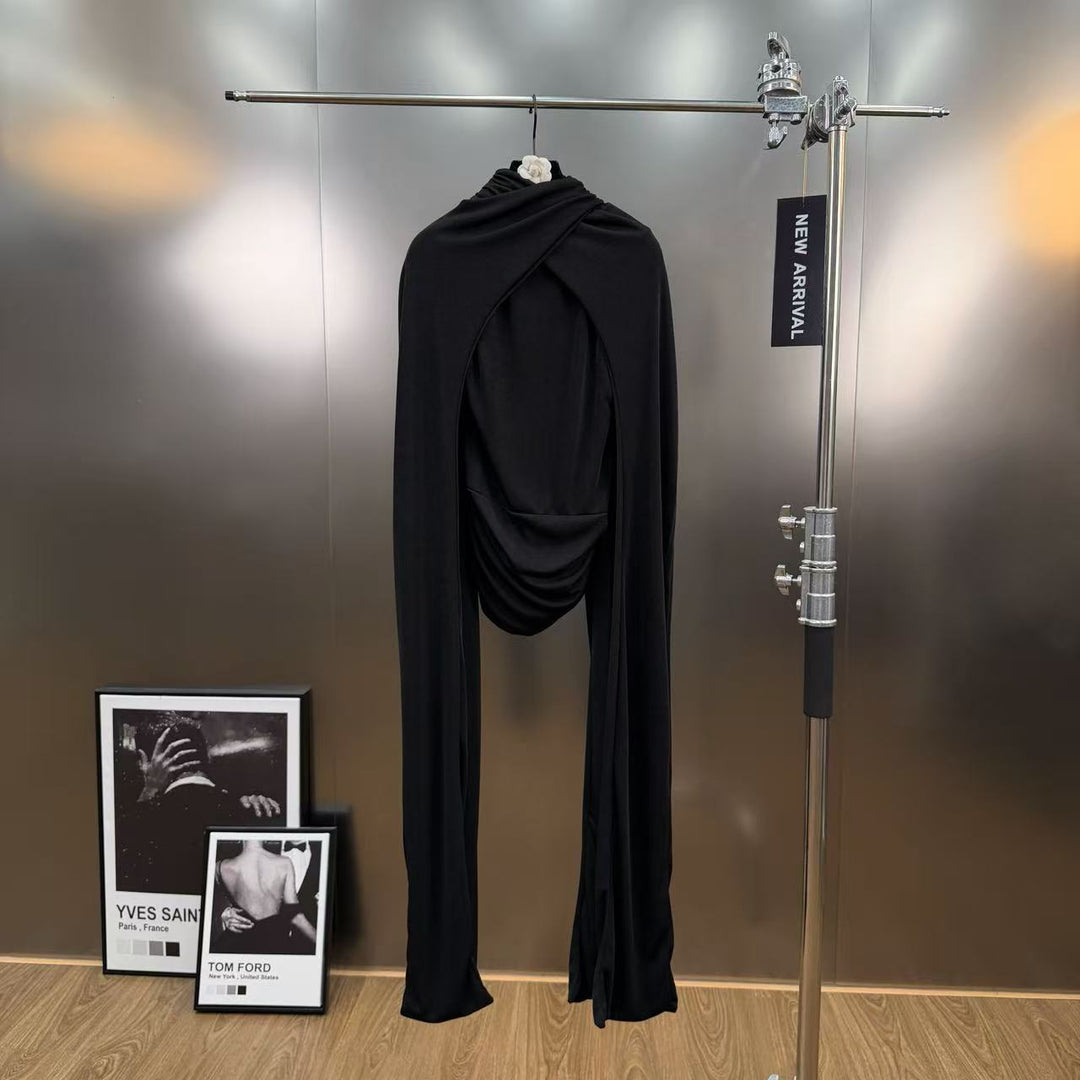 Half high neck pleated waist slimming knitted long sleeved T-shirt