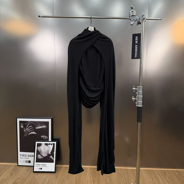 Half high neck pleated waist slimming knitted long sleeved T-shirt