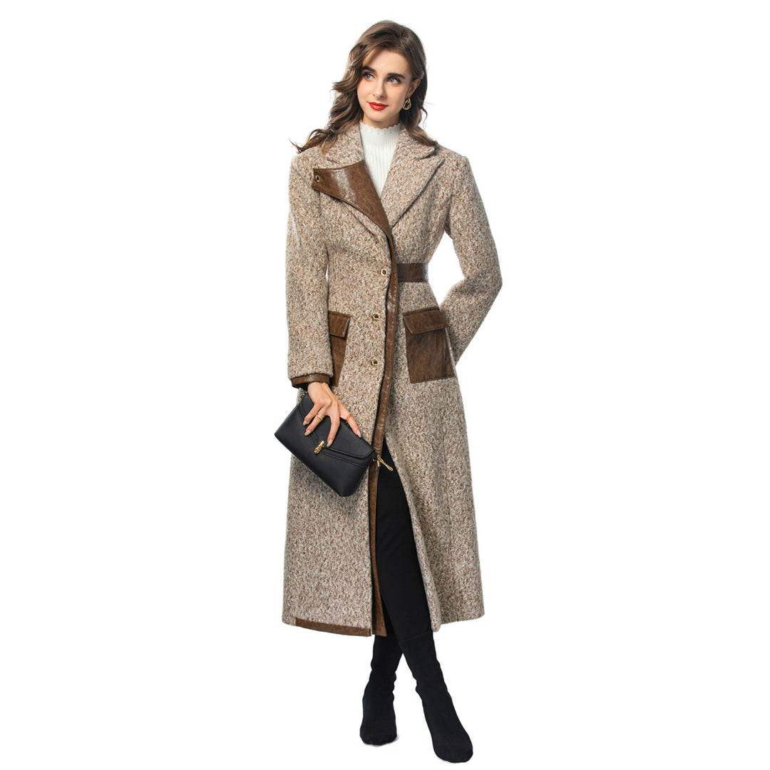 Retro lapel fur roll PU splicing single breasted long women&